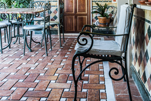 Red Alicant marble aged flooring with olambrilla